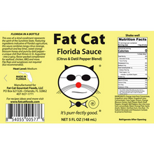 Load image into Gallery viewer, Label of Fat Cat Florida Sauce with a cat face design on a yellow background