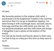 Load image into Gallery viewer, Email from a customer about their favorite product, Original Chilli Relish (chilli jam) and its use in breakfast.
