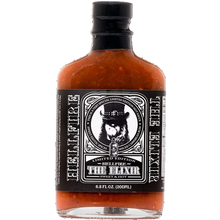 Load image into Gallery viewer, Bottle of Hellfire The Elixir hot sauce with a black label on a white background

