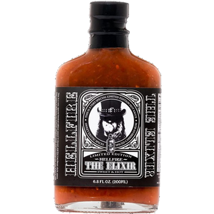 Bottle of Hellfire The Elixir hot sauce with a black label on a white background