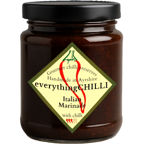 Jar of 'everythingCHILLI' Italian Marinade with a black lid on a white background