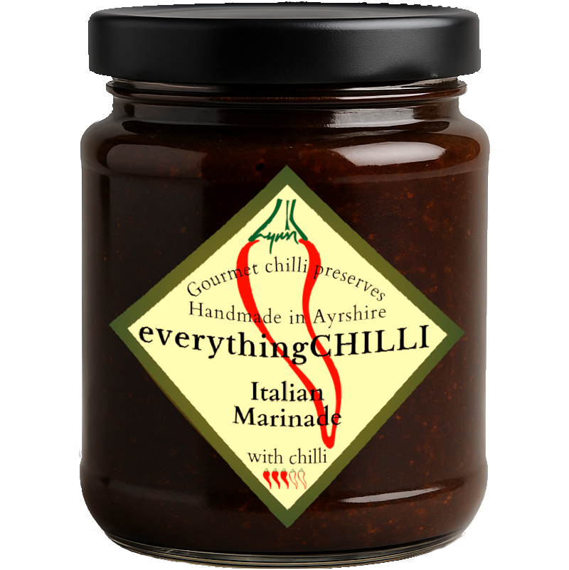 Jar of 'everythingCHILLI' Italian Marinade with a black lid on a white background
