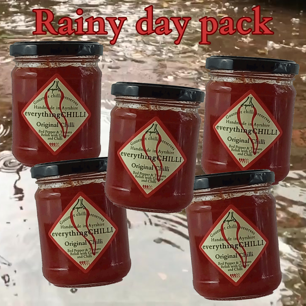 Four Original Chilli jars against a rainy background