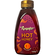 Load image into Gallery viewer, Bottle of Roquito Hot Honey with a gold cap
