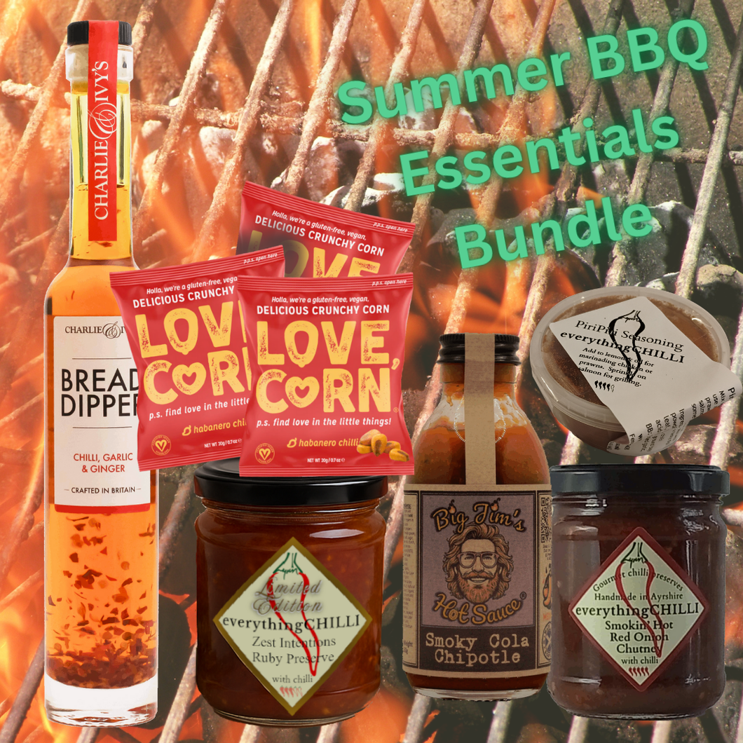 Summer BBQ Essentials Bundle with various condiments, sauces and corn snacks on a grill background